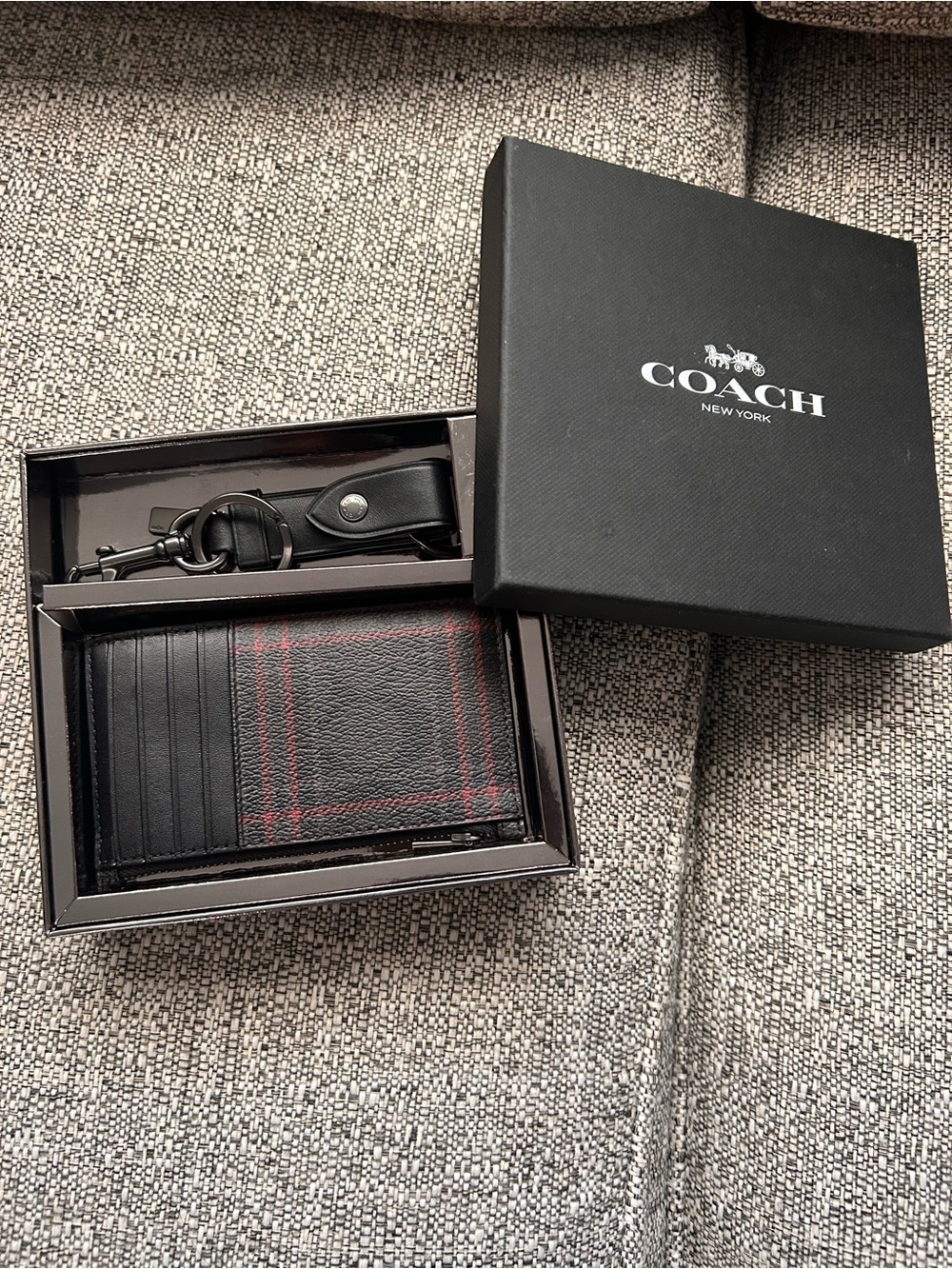Coach Black Leather Card Holder with Red Plaid Detail